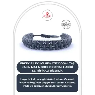Erkek Bilekliği Hematit Doğal Taş Kalın Mat Model Orijinal Hakiki Sertifikalı Bileklik - 1