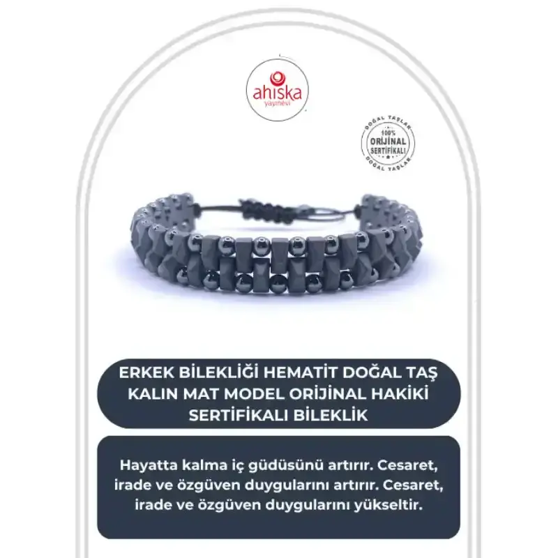 Erkek Bilekliği Hematit Doğal Taş Kalın Mat Model Orijinal Hakiki Sertifikalı Bileklik - 1