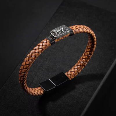 Erkek Bilekliği Kahverengi Deri Örgü Gümüş Bileklik - 2