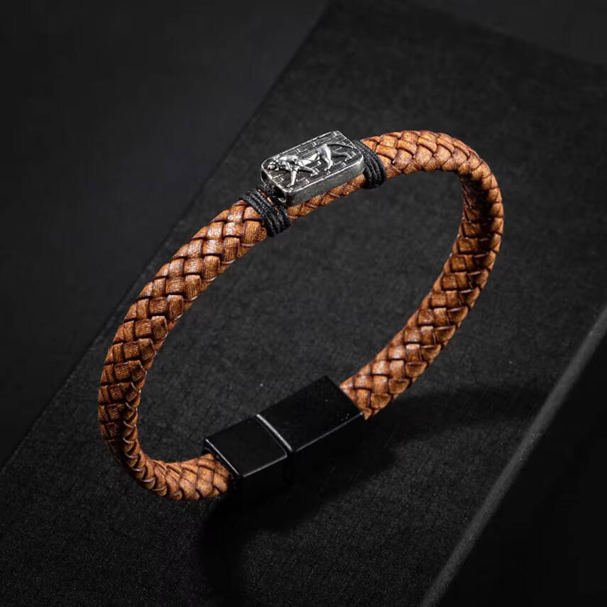 Erkek Bilekliği Kahverengi Deri Örgü Gümüş Bileklik - 2