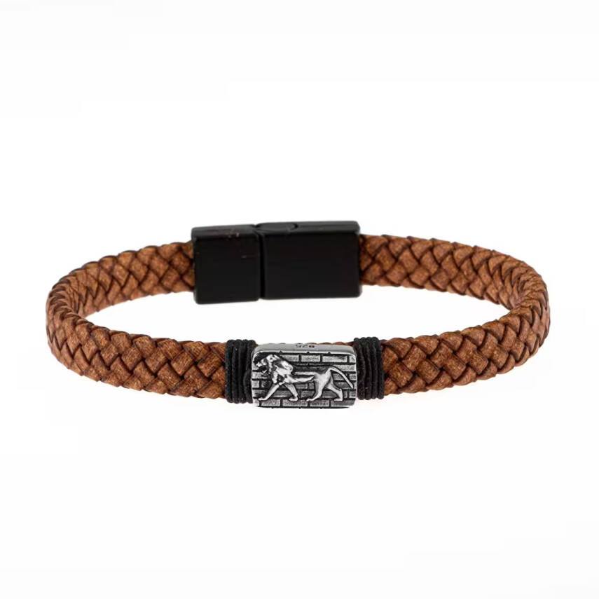 Erkek Bilekliği Kahverengi Deri Örgü Gümüş Bileklik - 4