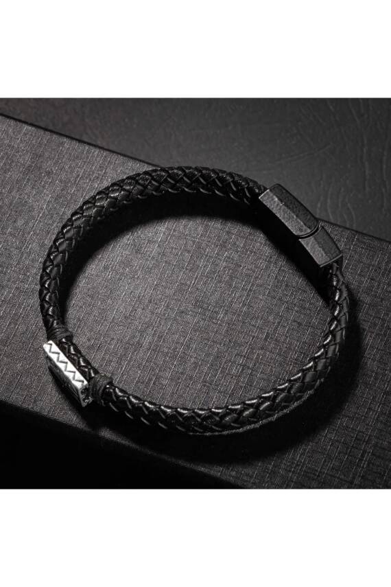 Erkek Bilekliği Kahverengi Deri Örgü Gümüş Bileklik - 8