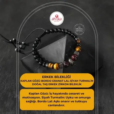 Erkek Bilekliği Kaplan Gözü-bordo Granat Lal-Siyah Turmalin Doğal Taş Erkek Zirkon Bileklik - Doğal Taş (1)