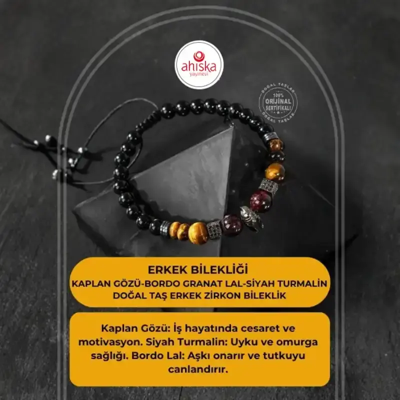 Erkek Bilekliği Kaplan Gözü-bordo Granat Lal-Siyah Turmalin Doğal Taş Erkek Zirkon Bileklik - 2