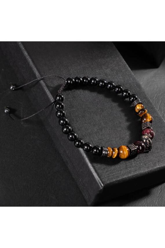 Erkek Bilekliği Kaplan Gözü-bordo Granat Lal-Siyah Turmalin Doğal Taş Erkek Zirkon Bileklik - 2