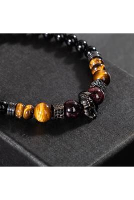 Erkek Bilekliği Kaplan Gözü-bordo Granat Lal-Siyah Turmalin Doğal Taş Erkek Zirkon Bileklik - 3