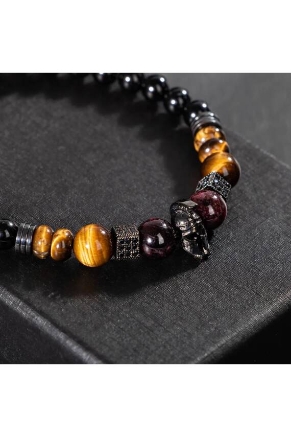 Erkek Bilekliği Kaplan Gözü-bordo Granat Lal-Siyah Turmalin Doğal Taş Erkek Zirkon Bileklik - 3