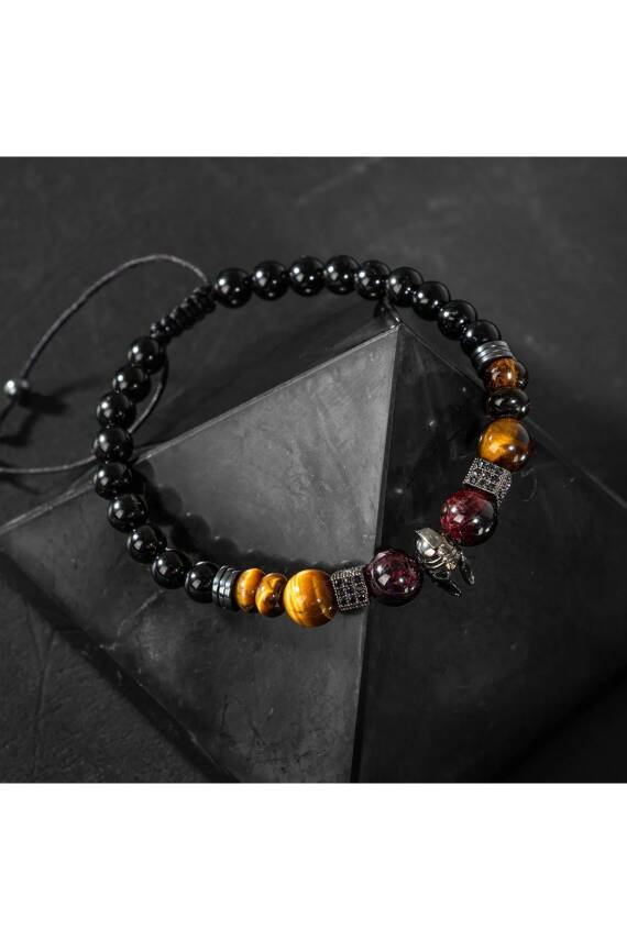 Erkek Bilekliği Kaplan Gözü-bordo Granat Lal-Siyah Turmalin Doğal Taş Erkek Zirkon Bileklik - 4