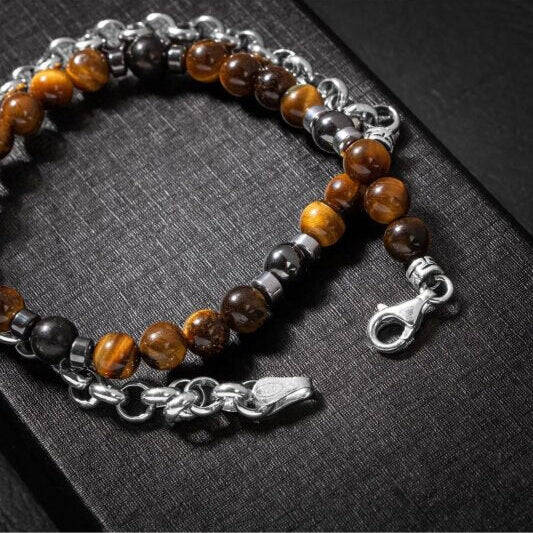 Erkek Bilekliği Kaplan Gözü Hematit Doğal Taş Gümüş Bileklik - 3