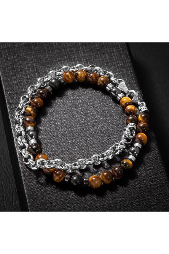 Erkek Bilekliği Kaplan Gözü Hematit Doğal Taş Gümüş Bileklik - 1