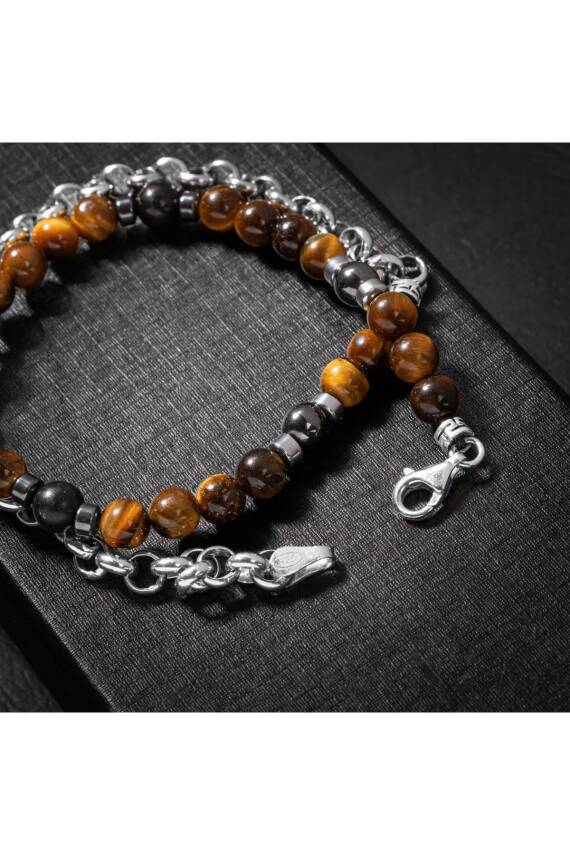 Erkek Bilekliği Kaplan Gözü Hematit Doğal Taş Gümüş Bileklik - 2