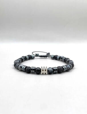 Erkek Bilekliği Karlı Obsidyen - Hematit - Lav Taşı Doğal Taş Hakiki Orijinal Sertifikalı Bileklik - Osmanlı Doğaltaş