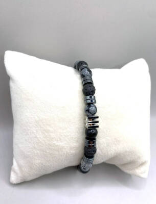 Erkek Bilekliği Karlı Obsidyen - Hematit - Lav Taşı Doğal Taş Hakiki Orijinal Sertifikalı Bileklik - 2