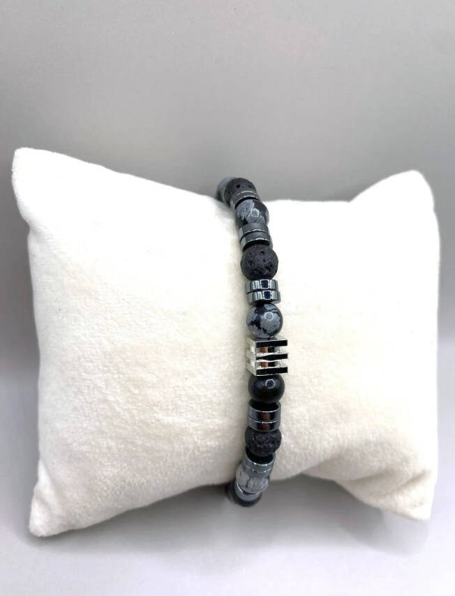 Erkek Bilekliği Karlı Obsidyen - Hematit - Lav Taşı Doğal Taş Hakiki Orijinal Sertifikalı Bileklik - 2