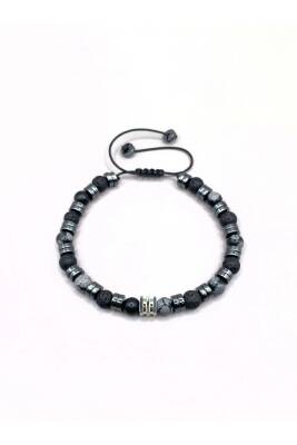 Erkek Bilekliği Karlı Obsidyen - Hematit - Lav Taşı Doğal Taş Hakiki Orijinal Sertifikalı Bileklik - 3