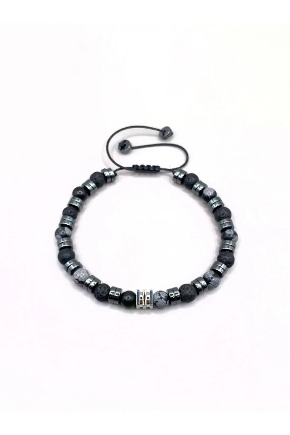 Erkek Bilekliği Karlı Obsidyen - Hematit - Lav Taşı Doğal Taş Hakiki Orijinal Sertifikalı Bileklik - 3