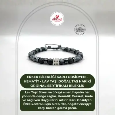 Erkek Bilekliği Karlı Obsidyen - Hematit - Lav Taşı Doğal Taş Hakiki Orijinal Sertifikalı Bileklik - 1