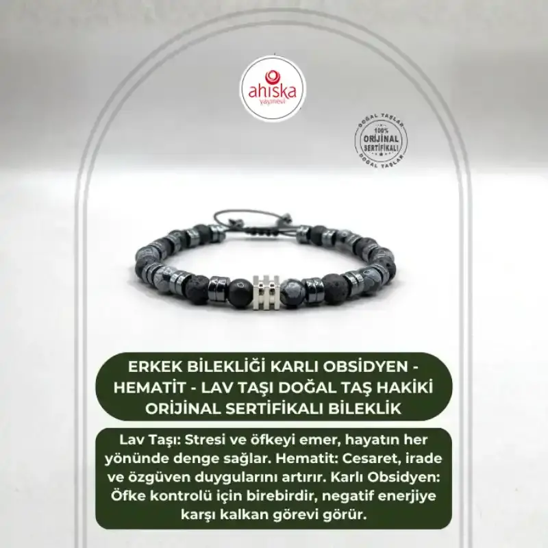 Erkek Bilekliği Karlı Obsidyen - Hematit - Lav Taşı Doğal Taş Hakiki Orijinal Sertifikalı Bileklik - 1
