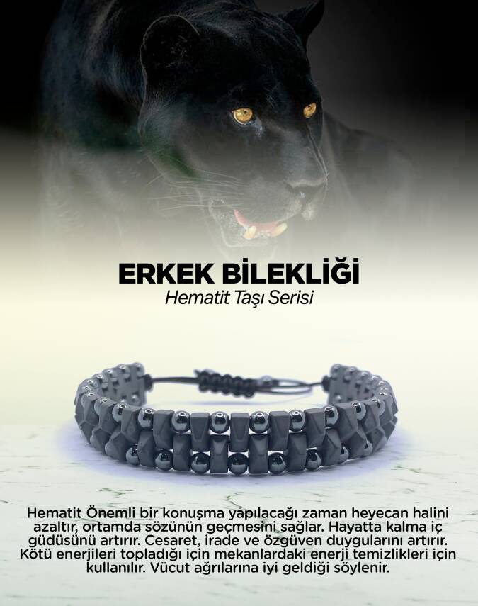 Erkek Bilekliği Karlı Obsidyen - Hematit - Lav Taşı Doğal Taş Hakiki Orijinal Sertifikalı Bileklik - 1