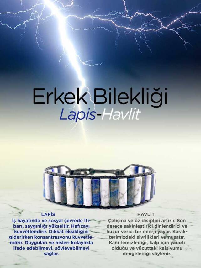 Erkek Bilekliği Lapis-Havlit Doğal Taş Hakiki Orijinal Sertifikalı Bileklik - 1
