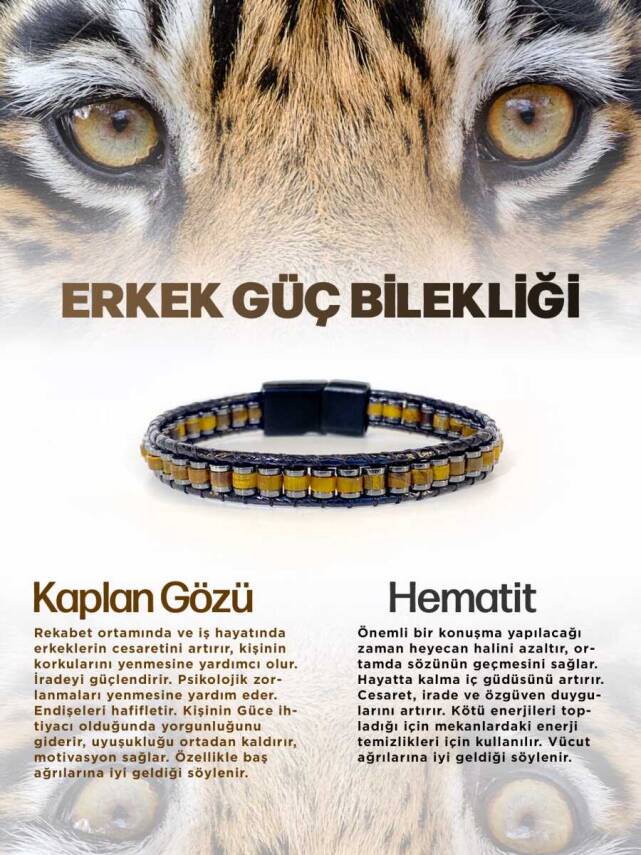 Erkek Güç Bilekliği Doğal Taş Kaplan Gözü - Hematit Hakiki orijinal Sertifikalı Bileklik - 1
