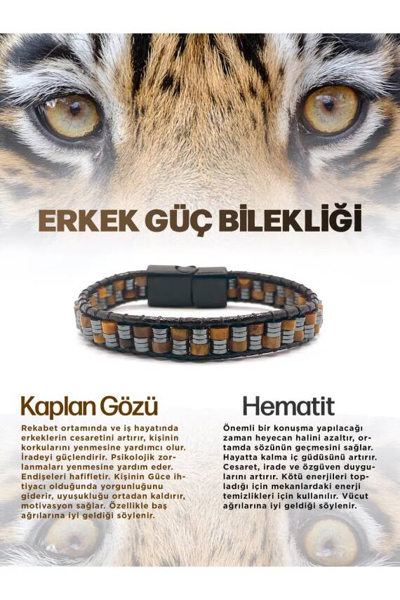 Erkek Güç Bilekliği Kaplan Gözü - Hematit Doğal Taş Orijinal Hakiki Sertifikalı Bileklik - 1