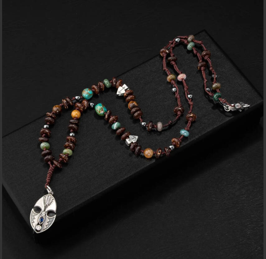 Erkek Kolyesi Fosil Mercan-Hint Akik-hematit Doğal Taş Gümüş Tasarım Kolye - 2