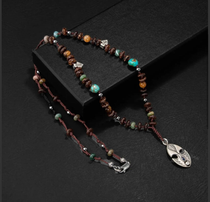 Erkek Kolyesi Fosil Mercan-Hint Akik-hematit Doğal Taş Gümüş Tasarım Kolye - 3