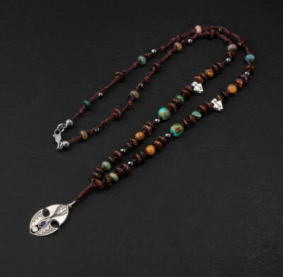 Erkek Kolyesi Fosil Mercan-Hint Akik-hematit Doğal Taş Gümüş Tasarım Kolye - 4