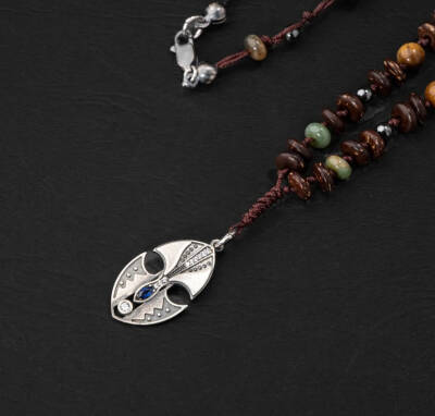 Erkek Kolyesi Fosil Mercan-Hint Akik-hematit Doğal Taş Gümüş Tasarım Kolye - 5