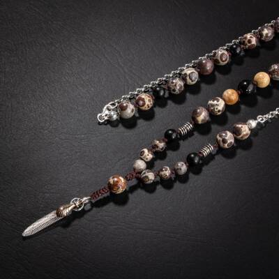 Erkek Kolyesi Fosil Mercan-Şungit-Meksika Jasper-Hematit Doğal Taş Gümüş Tasarım Kolye - Osmanlı Doğaltaş