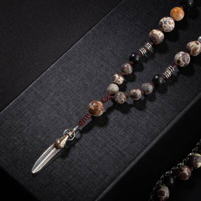 Erkek Kolyesi Fosil Mercan-Şungit-Meksika Jasper-Hematit Doğal Taş Gümüş Tasarım Kolye - 4