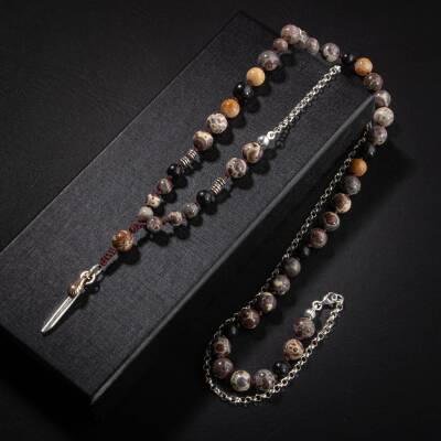 Erkek Kolyesi Fosil Mercan-Şungit-Meksika Jasper-Hematit Doğal Taş Gümüş Tasarım Kolye - 5