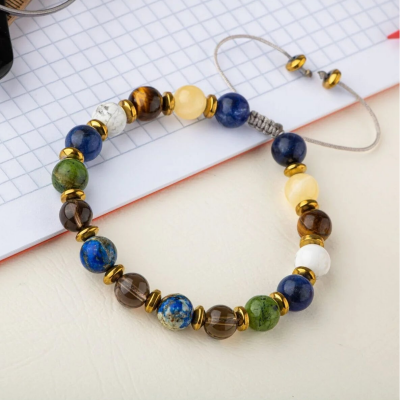 Erkek Öğrenci Doğal Taş Bileklik-Sodalit-Kalsit-Kaplan Gözü-Havlit-Yeşim-Dumanlı Kuvars-Lapis Lazuli-Hematit - Osmanlı Doğaltaş