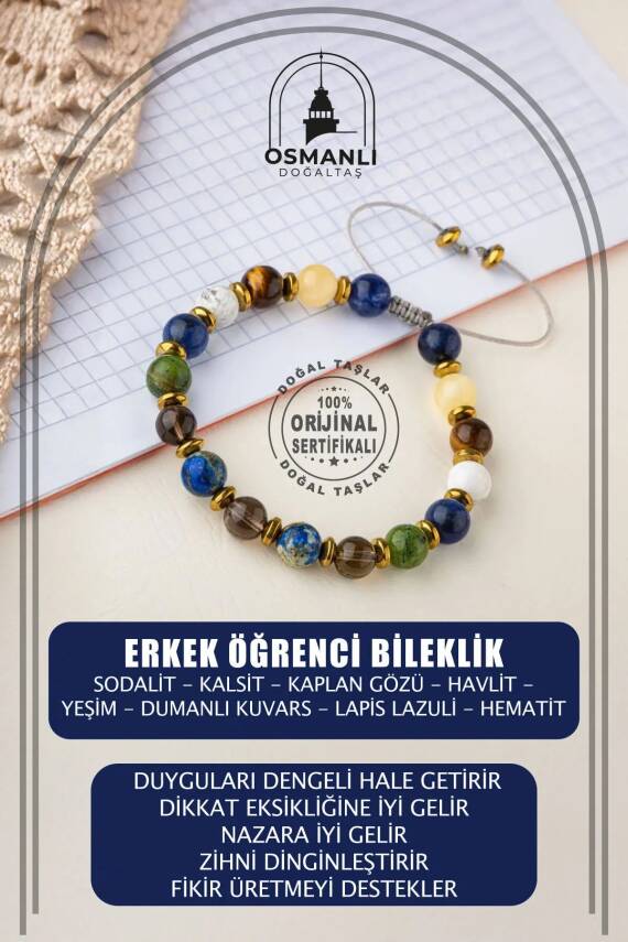 Erkek Öğrenci Doğal Taş Bileklik-Sodalit-Kalsit-Kaplan Gözü-Havlit-Yeşim-Dumanlı Kuvars-Lapis Lazuli-Hematit - 2