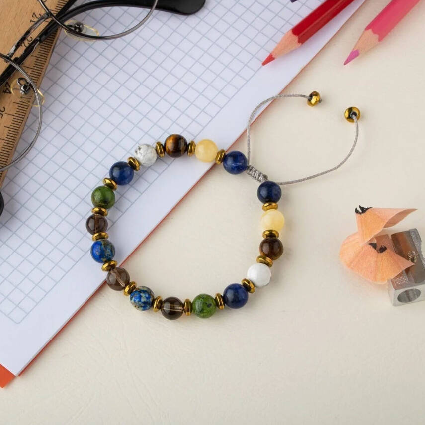 Erkek Öğrenci Doğal Taş Bileklik-Sodalit-Kalsit-Kaplan Gözü-Havlit-Yeşim-Dumanlı Kuvars-Lapis Lazuli-Hematit - 3