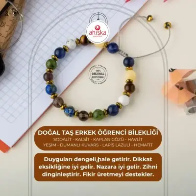 Erkek Öğrenci Doğal Taş Bileklik-Sodalit-Kalsit-Kaplan Gözü-Havlit-Yeşim-Dumanlı Kuvars-Lapis Lazuli-Hematit - 1