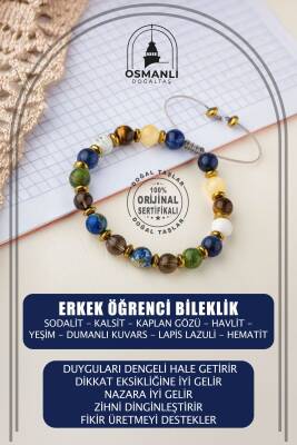 Erkek Öğrenci Doğal Taş Bileklik-Sodalit-Kalsit-Kaplan Gözü-Havlit-Yeşim-Dumanlı Kuvars-Lapis Lazuli-Hematit - Osmanlı Doğaltaş
