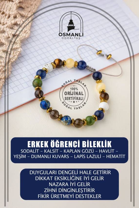 Erkek Öğrenci Doğal Taş Bileklik-Sodalit-Kalsit-Kaplan Gözü-Havlit-Yeşim-Dumanlı Kuvars-Lapis Lazuli-Hematit - 1