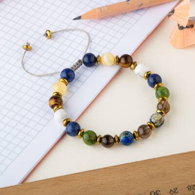 Erkek Öğrenci Doğal Taş Bileklik-Sodalit-Kalsit-Kaplan Gözü-Havlit-Yeşim-Dumanlı Kuvars-Lapis Lazuli-Hematit - 2
