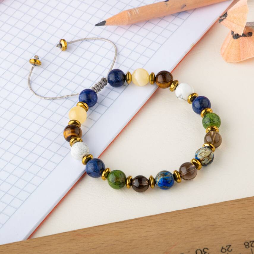 Erkek Öğrenci Doğal Taş Bileklik-Sodalit-Kalsit-Kaplan Gözü-Havlit-Yeşim-Dumanlı Kuvars-Lapis Lazuli-Hematit - 2