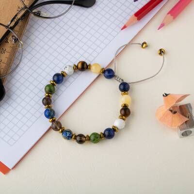 Erkek Öğrenci Doğal Taş Bileklik-Sodalit-Kalsit-Kaplan Gözü-Havlit-Yeşim-Dumanlı Kuvars-Lapis Lazuli-Hematit - 3