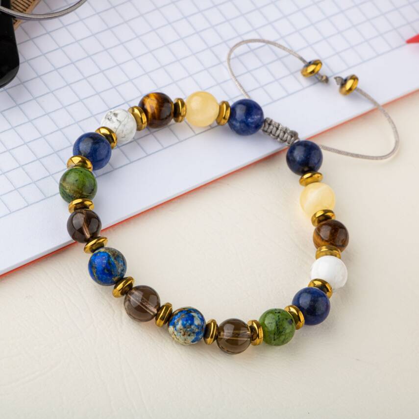 Erkek Öğrenci Doğal Taş Bileklik-Sodalit-Kalsit-Kaplan Gözü-Havlit-Yeşim-Dumanlı Kuvars-Lapis Lazuli-Hematit - 4