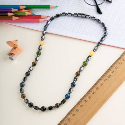 Erkek Öğrenci Hematit Doğal Taş Kolye - 3