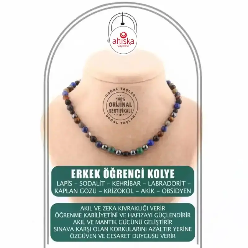 Erkek Öğrenci Kolye- Lapis, Sodalit, Kehribar, Labradorit, Kaplan Gözü, Krizokol, Akik, Obsidyen - 1