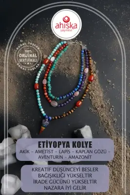 Etiyopya, Akik-Ametist-Lapis-Kaplangözü-Aventurin-Amazonit Doğal Taş Kolye - 1