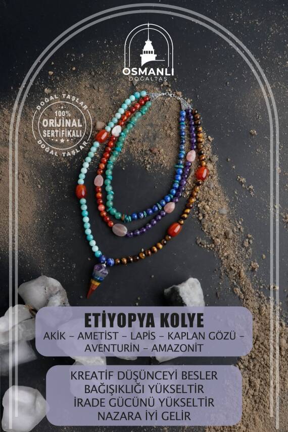 Etiyopya, Akik-Ametist-Lapis-Kaplangözü-Aventurin-Amazonit Doğal Taş Kolye - 1