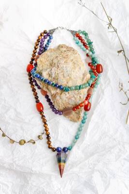 Etiyopya, Akik-Ametist-Lapis-Kaplangözü-Aventurin-Amazonit Doğal Taş Kolye - 3