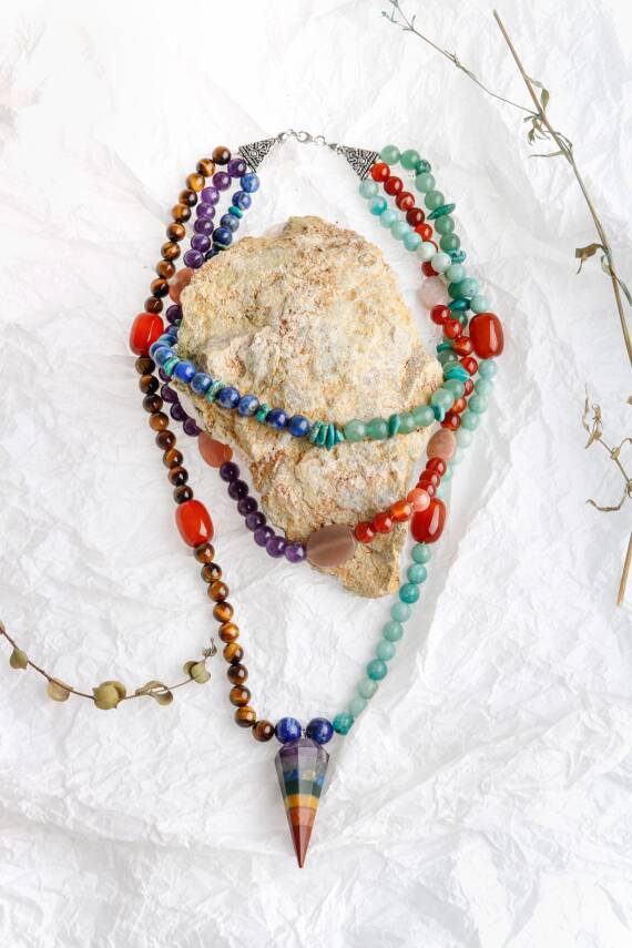 Etiyopya, Akik-Ametist-Lapis-Kaplangözü-Aventurin-Amazonit Doğal Taş Kolye - 3