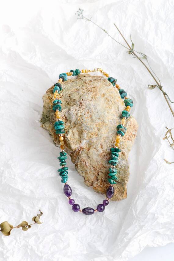 Farida, Firuze Ametist Sarı Kaplangözü Kolye - 3